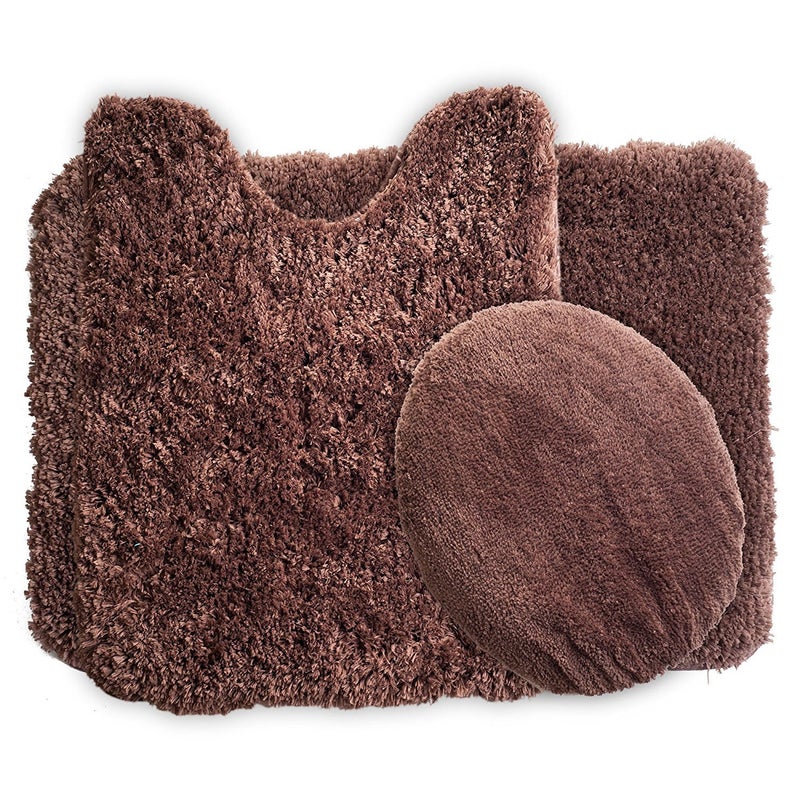 Lavish Home 3 Piece Super Plush Non-Slip Bath Mat Rug Set - Chocolate - Image 1